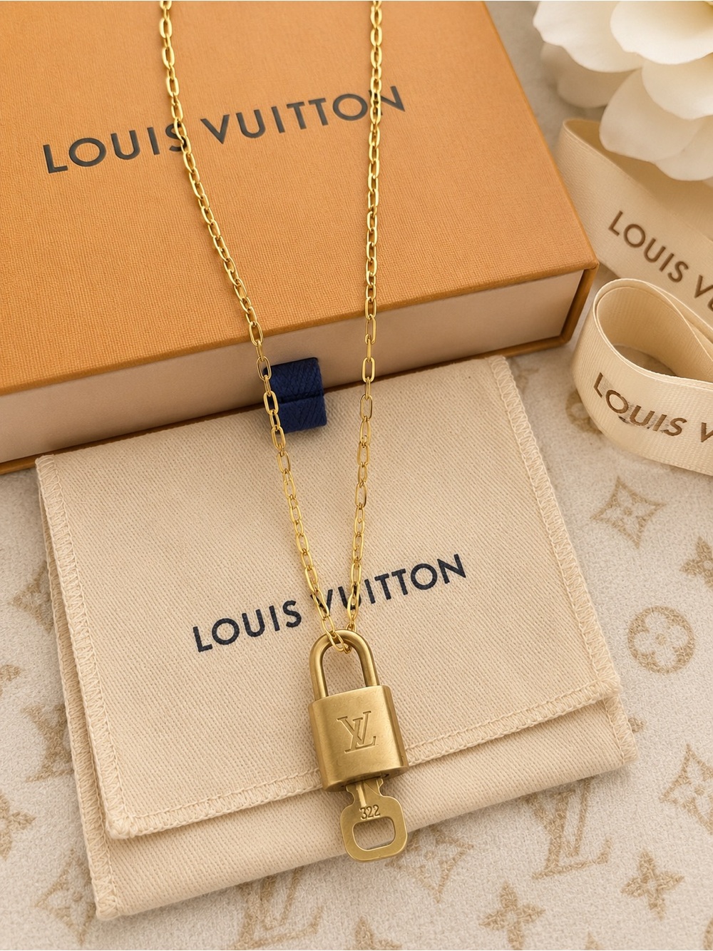 Louis Vuitton Padlock Necklace Lock Key #322 Gold Tone Paperclip Chain